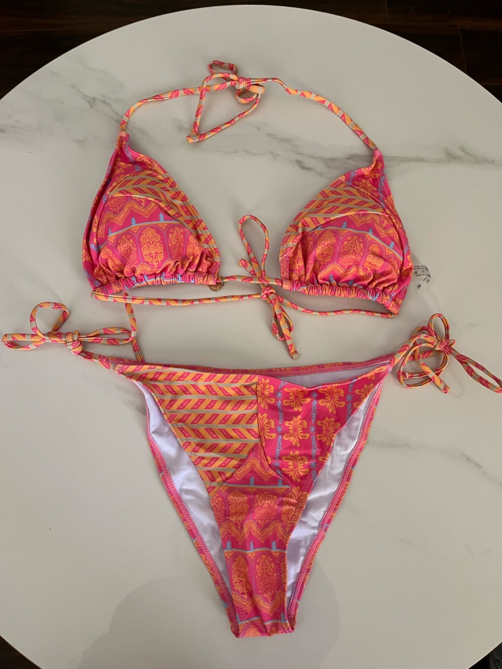 Pink & Orange Patterned Triangle Bikini Set - Swim